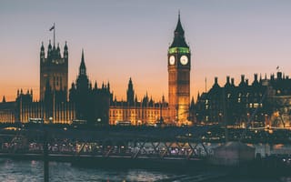 Картинка Лондон, Биг-Бен, закат, архитектура, река, пейзаж, город