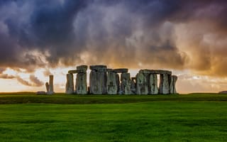 Картинка Стоунхендж, пейзаж, небо, камни, трава, закат, исторический