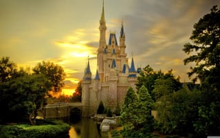 Картинка замок, закат, природа, пейзаж, деревья, водоем, фантазия