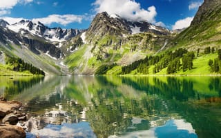 Картинка горы, озеро, природа, пейзаж, отражение, солнце, зелень