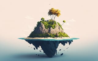 Картинка остров, природа, пейзаж, пальмы, горы, вода, фантазия
