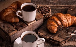 Картинка кофе, круассан, еда, десерт, завтрак, деревянный, крупный план