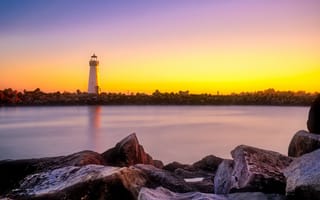 Картинка маяк, закат, море, камни, пейзаж, природа, спокойствие