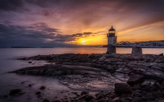 Картинка маяк, закат, море, скалы, природа, пейзаж, небо