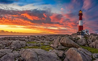 Картинка маяк, закат, природа, скалы, пейзаж, небо, океан