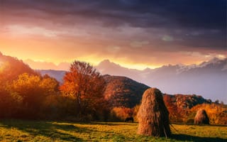 Картинка природа, осень, горы, закат, пейзаж, деревья, трава