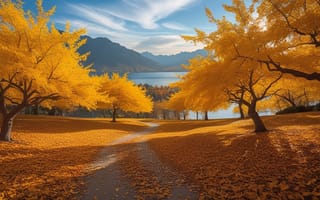 Картинка осень, пейзаж, деревья, жёлтые листья, озеро, горы, природа, путь, небо, солнце
