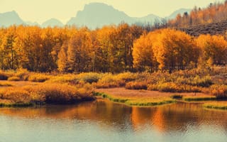 Картинка осень, природа, пейзаж, озеро, горы, деревья, отражение