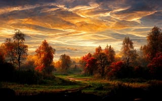 Картинка пейзаж, природа, закат, деревья, осень, небо, цвета