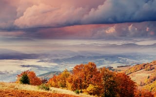 Картинка пейзаж, осень, горы, небо, облака, природа, деревья