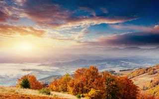 Картинка осень, пейзаж, горы, закат, природа, деревья, небо