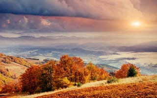 Картинка пейзаж, осень, горы, закат, природа, деревья, облака, цвета, тишина, красота