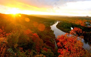 Картинка закат, природа, река, осень, пейзаж, лес, горизонт