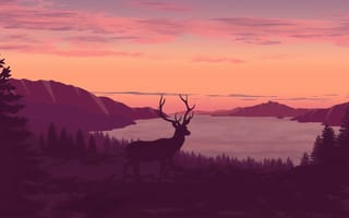 Картинка олень, природа, закат, пейзаж, горы, озеро, лес