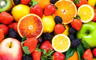 Картинка фрукты, ягоды, апельсин, лимон, клубника, зеленое яблоко, черная смородина, киви, цвета, свежесть