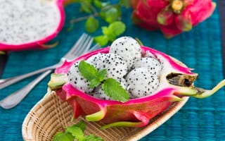 Картинка фрукты, драконий фрукт, еда, десерт, свежесть, вкусно, зелень