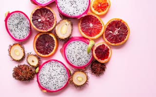 Картинка фрукты, драконий фрукт, апельсин, кровавый апельсин, экзотические, свежие, цветные, еда, натуральные, десерт