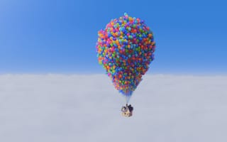 Картинка шарики, дом, небо, полет, приключение, облака, цветной