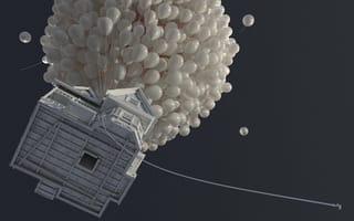Картинка дом, шары, воздушный шар, небо, приключение, фантазия, полет