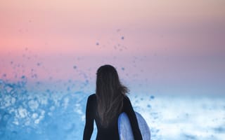 Картинка серфинг, океан, закат, девушка, волны, пейзаж, спорт