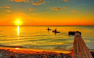 Картинка закат, море, кайак, пирс, пейзаж, природа, отдых