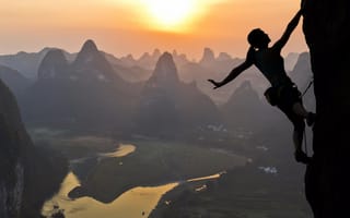 Картинка скалолазание, природа, горы, закат, приключение, спорт, пейзаж