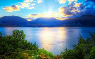 Картинка природа, пейзаж, озеро, горы, закат, небо, отражение