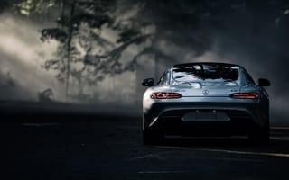 Картинка автомобиль, Мерседес, дорога, туман, природа, задний вид, свет