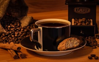 Картинка кофе, печенье, зерна, кружка, корица, напиток, уют
