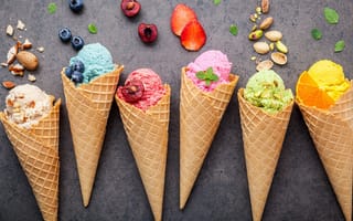 Картинка мороженое, вафельный рожок, десерт, фрукты, ягоды, лето, сладости