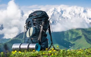 Картинка рюкзак, природа, горы, поход, пейзаж, туризм, цветы