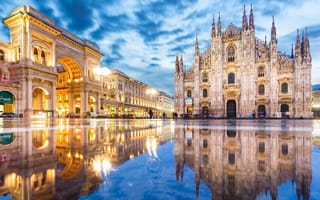 Картинка Милан, собор, архитектура, отражение, пейзаж, город, вечер