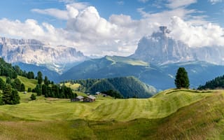 Картинка горы, пейзаж, природа, облака, долина, лес, домики