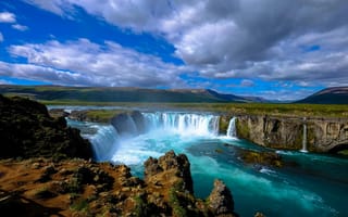 Картинка водопад, природа, пейзаж, горы, небо, река, камни