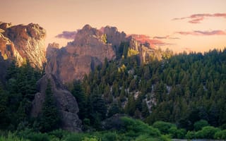 Картинка природа, горы, лес, река, пейзаж, закат, камни