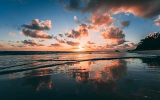 Картинка закат, море, пейзаж, облака, отражение, природа, пляж