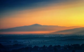 Картинка пейзаж, горы, закат, природа, небо, туман, красота