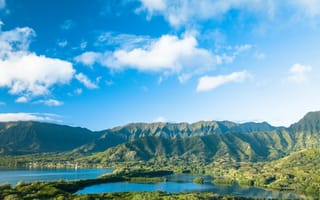 Картинка природа, горы, озеро, небо, пейзаж, зелень, облака