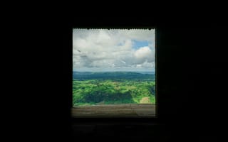 Картинка пейзаж, природа, окно, горы, зелень, облака, вид