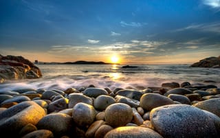 Картинка закат, море, камни, пейзаж, природа, водная гладь, небо
