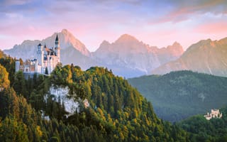 Картинка замок, горы, природа, пейзаж, закат, лес, архитектура