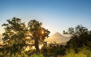 Картинка природа, горы, закат, деревья, пейзаж, солнце, красота