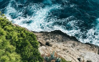 Картинка море, скала, природа, пейзаж, воды, растения, океан, берег, синий, фотография