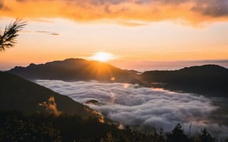 Картинка закат, горы, облака, природа, пейзаж, солнце, туман, красота, мир, спокойствие