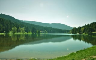 Картинка озеро, природа, горы, лес, пейзаж, отражение, спокойствие
