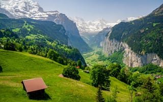 Картинка горы, природа, пейзаж, долина, лес, швейцария, облака