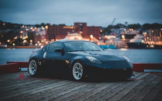 Картинка автомобиль, черный, спорткар, ночной, пирс, город, освещение