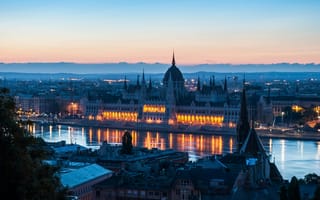 Картинка Будапешт, здание, река, вечер, архитектура, город, огни