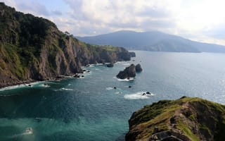 Картинка море, скалы, пейзаж, природа, берег, горы, водопад