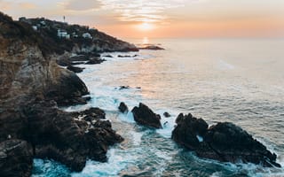 Картинка море, закат, скалы, пейзаж, природа, пляж, отдых